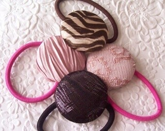 CLEARANCE - 4 fabric covered button ponytail holder - pink/brown