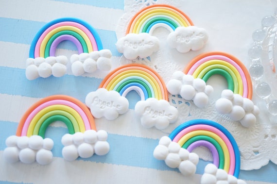 Sale 6 Pcs Polymer Clay Rainbow And Clouds Cabochon 35 57mm