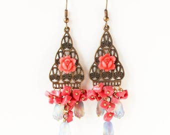 HALF PRICE SALE Gypsy boho beaded chandelier flower earrings Last One