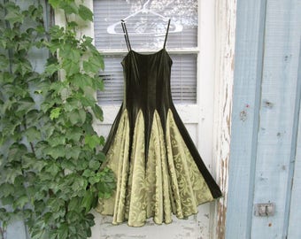 XSmall Upcycled Avocado Green Velvet Damask Swing Dress// Rockabilly// Cocktail Dress// emmevielle