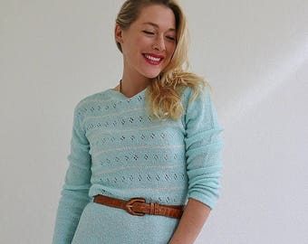 ANNIVERSARY SALE 1970s Robins Egg Sweater Dress /// Size Small to Medium