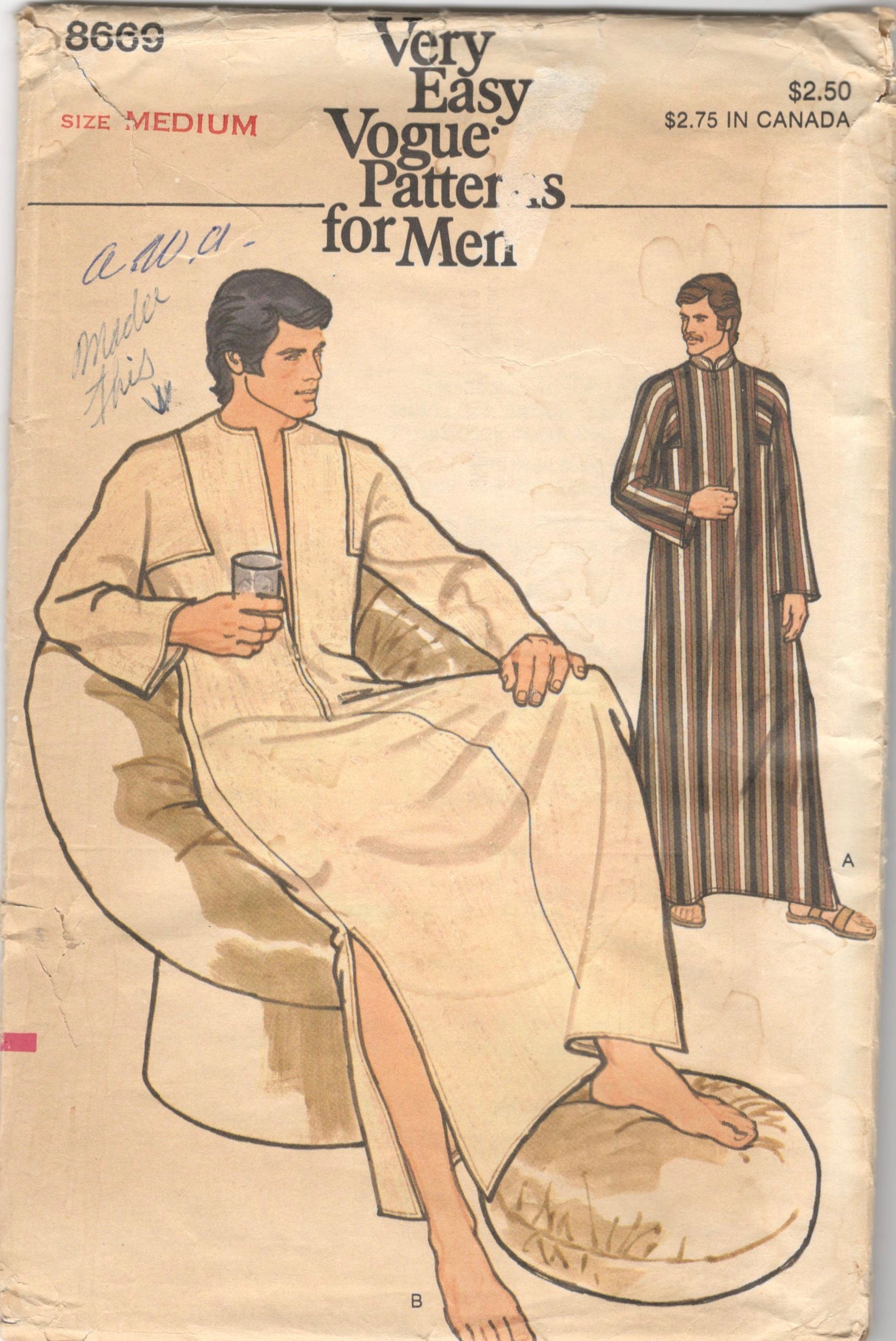 Vogue 8669 1970s Mens Easy Caftan Pattern Zip Front Adult Vintage