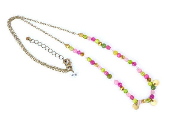 Short boho necklace, Colorful boho necklace, Short colorful necklace, Pink and green necklace, Hippie chic necklace, Boho jewelry, Colorful