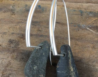 Totally Tubular Beach Stone Earrings, basalt, pebble, river rock, by the sea, beach stone jewelry, sterling silver dangle
