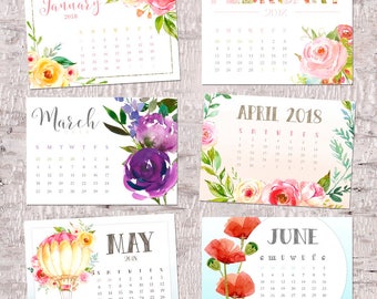 Calendar, 2018 floral desk calendar, colorful 5x7 desktop calendar, watercolor florals, Good Frau calendar design