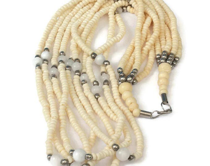 Five Strand Carved Ox Bone Bead Necklace Quartz Beads Tribal Bohemian Vintage