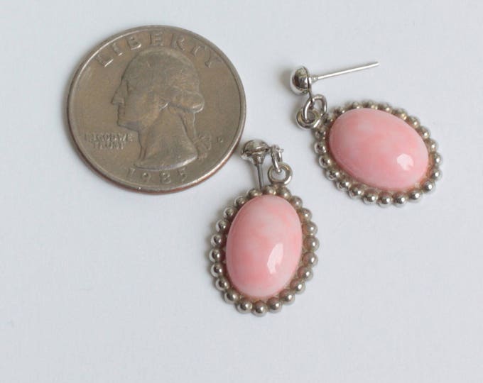 Pink Oval Dangle Earrings Silver Tone Bead Edging Posts Vintage