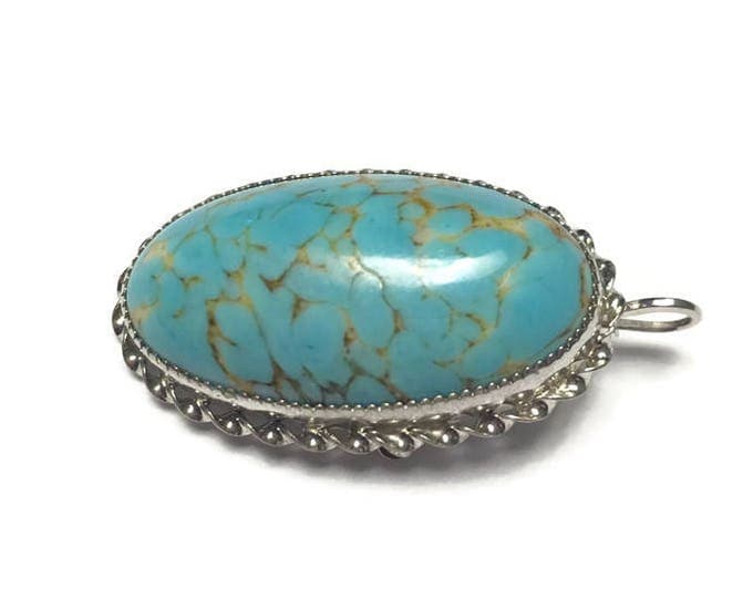 Turquoise Art Glass Oval Pendant or Brooch Sterling Setting Signed Vintage