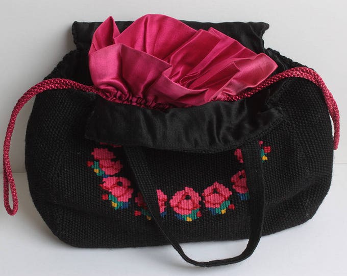 Black Woven Fabric Handbag Embroidered Red Roses Red Satin Lining Boho Vintage