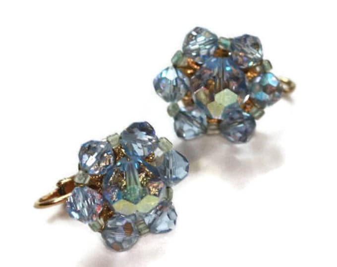 Blue AB Crystal Earrings Beads Clip On Vintage