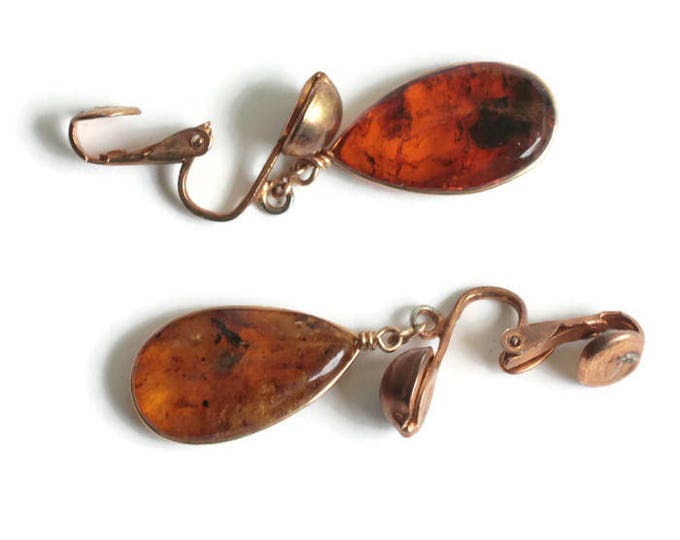 Vintage Amber Drop Dangle Earrings Clip On