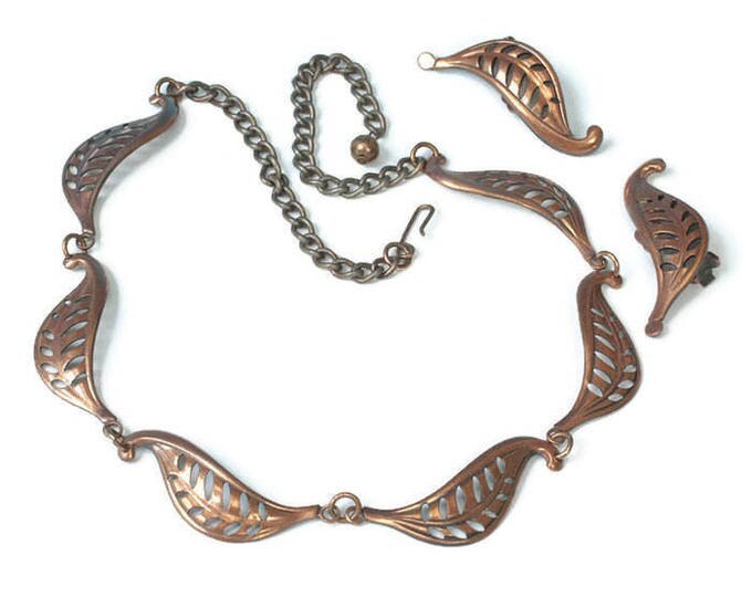 Copper Leaf Motif Necklace Earrings Set Vintage 1950s Mid Century
