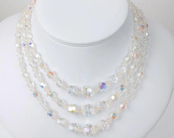 Three Strand AB Crystal Necklace Choker Length Graduated Faceted Beads Vintage