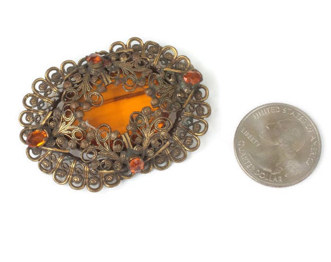 Czech Topaz Glass Filigree Brooch Oval Shape