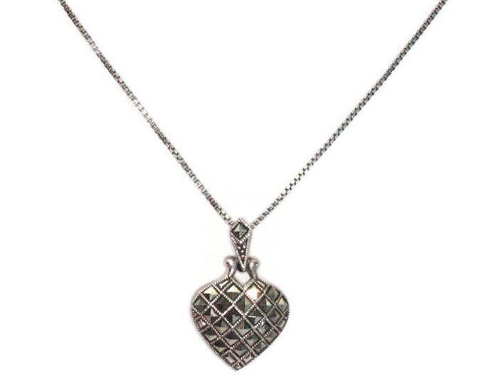 Marcasite Sterling Silver Heart Pendant Necklace Marsala Company 18 Inch Chain Smaller Size