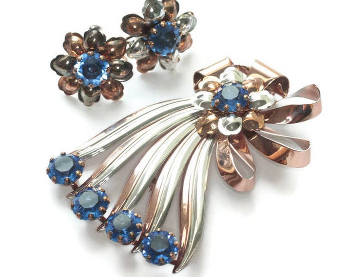 Vermeil Sterling Blue Stone Set Retro 1940s Brooch Earrings Ribbons Bow Design Original Box