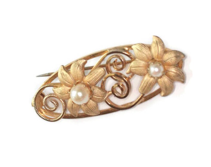 Cultured Pearl Oval Pin Brooch Flowers Gold Tone Vintage