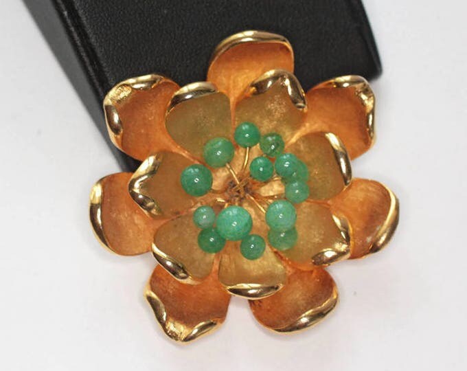 Gold Tone Dimensional Flower Brooch Green Glass Accents Vintage