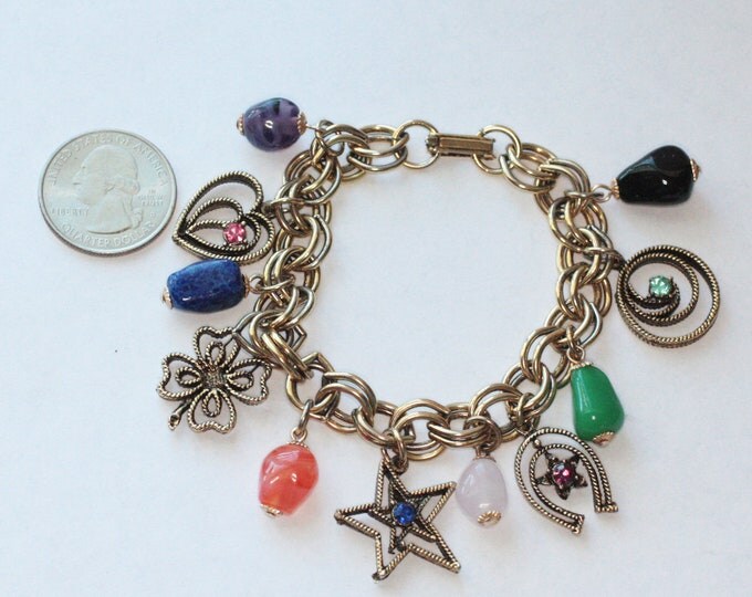 Vintage Charm Bracelet Double Chain Link Rhinestones Faux Gemstones Heart Four Leaf Clover Horseshoe Stars