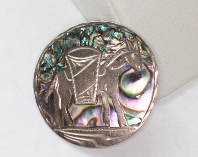 Donkey Sterling and Abalone Convertible Brooch Pendant Mexico Signed MR Vintage