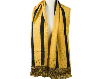 1980s 1990s DKNY Women's Golden Yellow with Black Striped Oblong Double Sided Silk Fringe Vintage Foulard Scarf