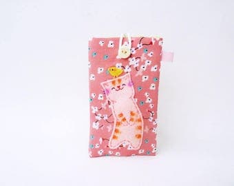 Cat iPhone 4 case fabric case iPhone case cell phone case iPhone 4 sleeve pink flower mobile case cat lady gift for her padded phone case