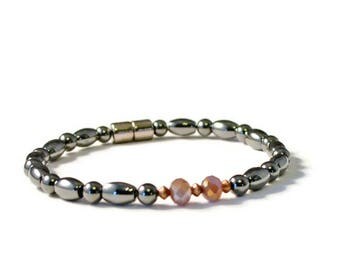 Black High Power Magnetic Hematite Therapy Bracelet, Lavender Crystal Jewelry, Pain Relief