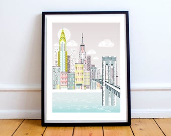 New York Print, Brooklyn Bridge Skyline Wall Art, American Cityscape, Christmas Gift, City, Kids room and Nursery Decor, Style: SPPNYBB1