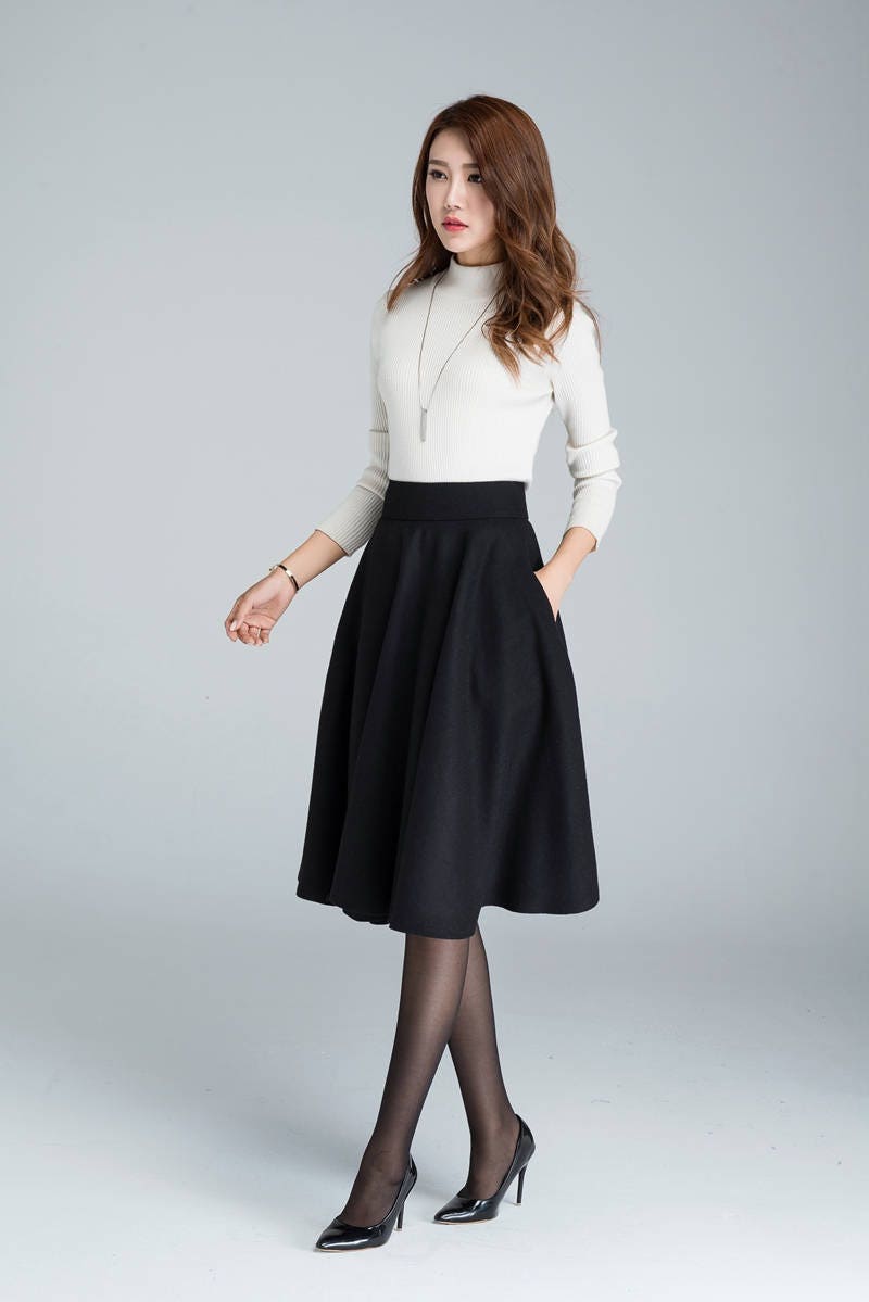 Wool circle skirt black skirt pleated skirt knee length
