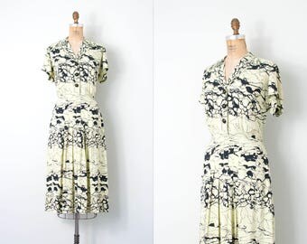 vintage 1940s dress / cold rayon 40s dress / celadon and black abstract print (medium m)
