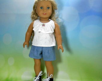 18 inch doll clothes, Two Piece Outfit, Ruffle Top, Denim Shorts, 05-2104