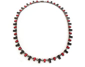 Art Deco Czech Necklace - Red Black Glass, Paste Rhinestones, Marked Czechoslov, Geometric, Art Deco Jewelry, Antique Necklace