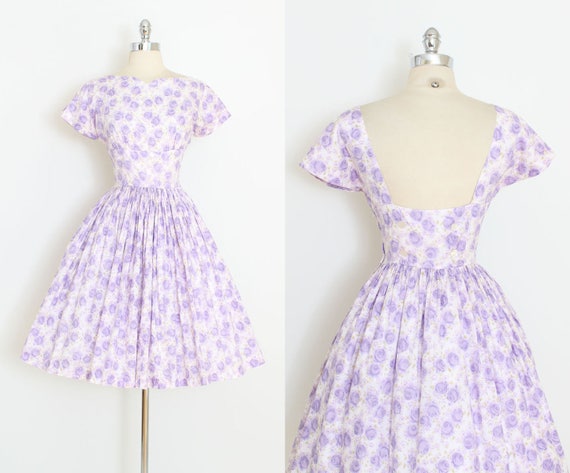 Vintage 50s Dress 1950s purple rose print dress open back