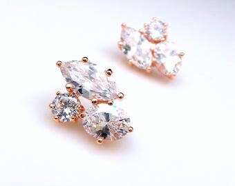 Set of 4 5 6 7 8 9 10 Wedding bridal earrings bridesmaid Jewelry prom pageant party statement three stone shape AAA cz stud post rose gold