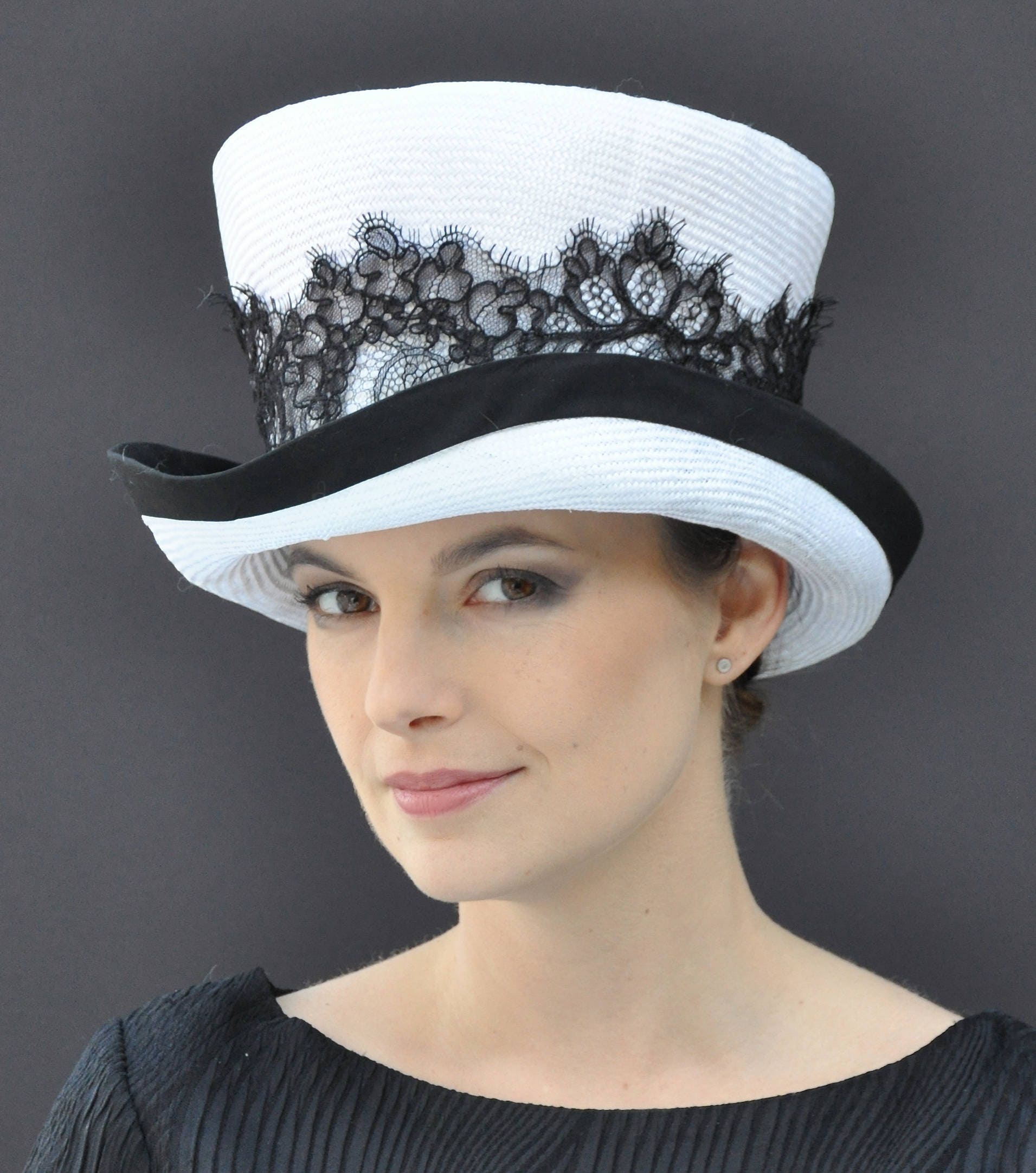 Kentucky Derby Hat. Top Hat, Black & White Hat, Black Lace Hat, Formal ...
