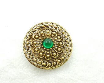 ART Signed Green Glass Scarf Clip and Brooch ornate Mid Century Scarf Slide