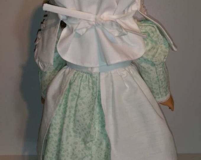 4 piece pioneer outfit, green dress, apron,cap,and bloomers for 18 inch dolls