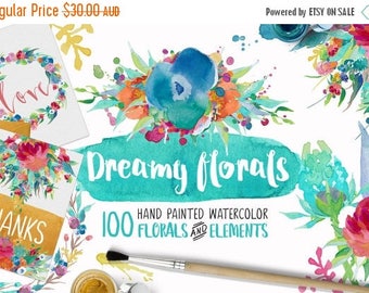 80% OFF Dreamy Florals Watercolor Clipart Bundle - Hand Painted flowers, leaves, wreath, and more