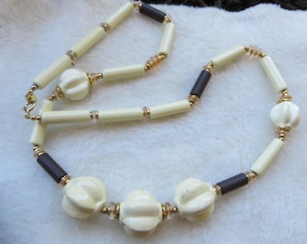 Vintage Necklace From Japan Ivory Color Brown Gold And Pale Pink Beaded Necklace Tube Beads And Vintage Necklace From Japan Ivory Color Brown Gold And Pale Pink Beaded Necklace Tube Beads And