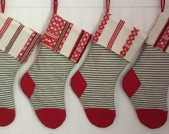 Vintage Ticking Christmas Stocking with Red Woven Nordic Cuff Navy Cream Stripe Classic Christmas Country