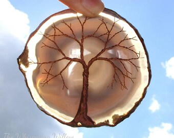 Copper Wire Tree Of Life Metal Wall Art Sculpture Garden Ornament On A Grey Agate Geode Stone Crystal Suncatcher