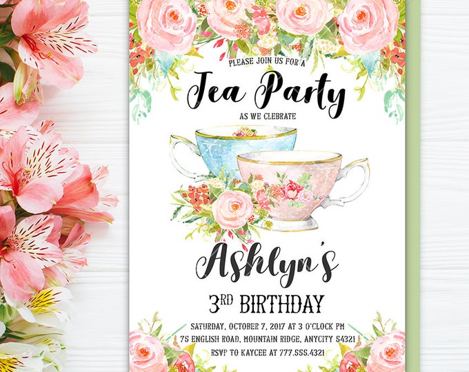 Tea Party Birthday Invitation, Floral Tea Party, Floral High Tea Invite, Shabby Chic Floral Birthday Tea Party Printable Invitation