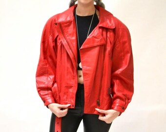 SALE Vintage Leather Motorcycle Jacket RED by Michael Hoban// Vintage Leather Biker Jacket Red Small Medium