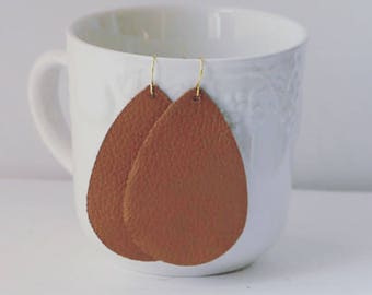 Cognac Brown Leather Teardrop Drop Earrings