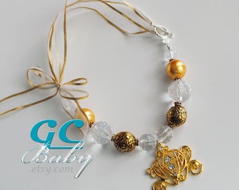 Golden Princess Carriage Bubblegum Necklace - Large Gold Rhinestone Pendant, Gumball Beads, Silver Crown Clasp, Ribbon