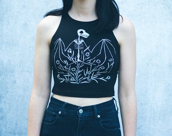 Bat Skeleton and Chicory Floral Botanical Screen Print Punk Crop Top