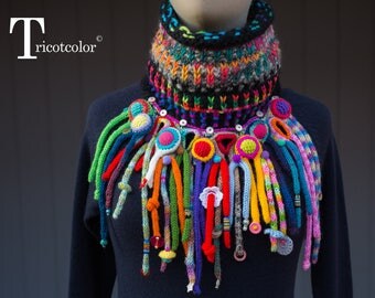 Col collier tricotcolor femme knit accessories tricot arc en ciel tricotin laine breloques boutons perles crochet fleurs crochetées jacquard