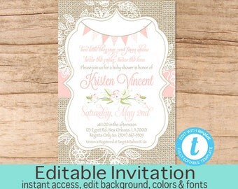 Twin Baby Shower Invitation, Burlap and Lace, Pink Burlap Lace Magnolia Baby Shower invitation, Twins Pink, Editable Instant Download