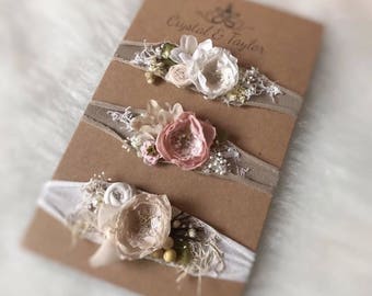 Stretch Knit Headbands, Set of Three Floral Headbands, Baby Girl Headbands, Newborn Headbands, Photo Props, Newborn Props, Natural Props