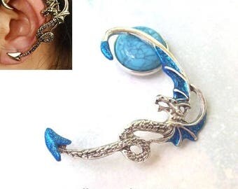 Dragon Ear Cuff, Silver Dragon, sapphire, blue, ear wrap, dragon ear wrap, sapphire ear cuff, gothic, halloween, goth, sparkle, costume